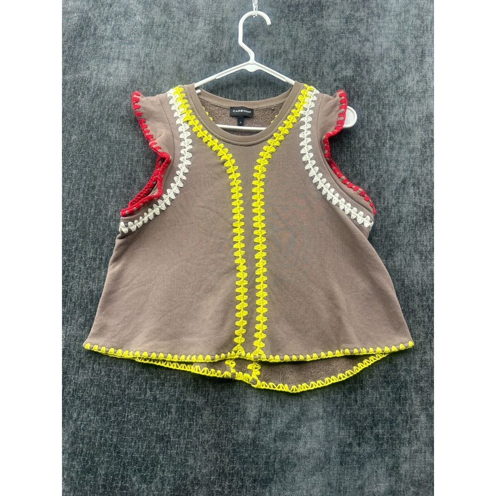Carbon38 Blouse Top Womens Small Brown Cotton Embroidered Sleeveless Curved Hem
